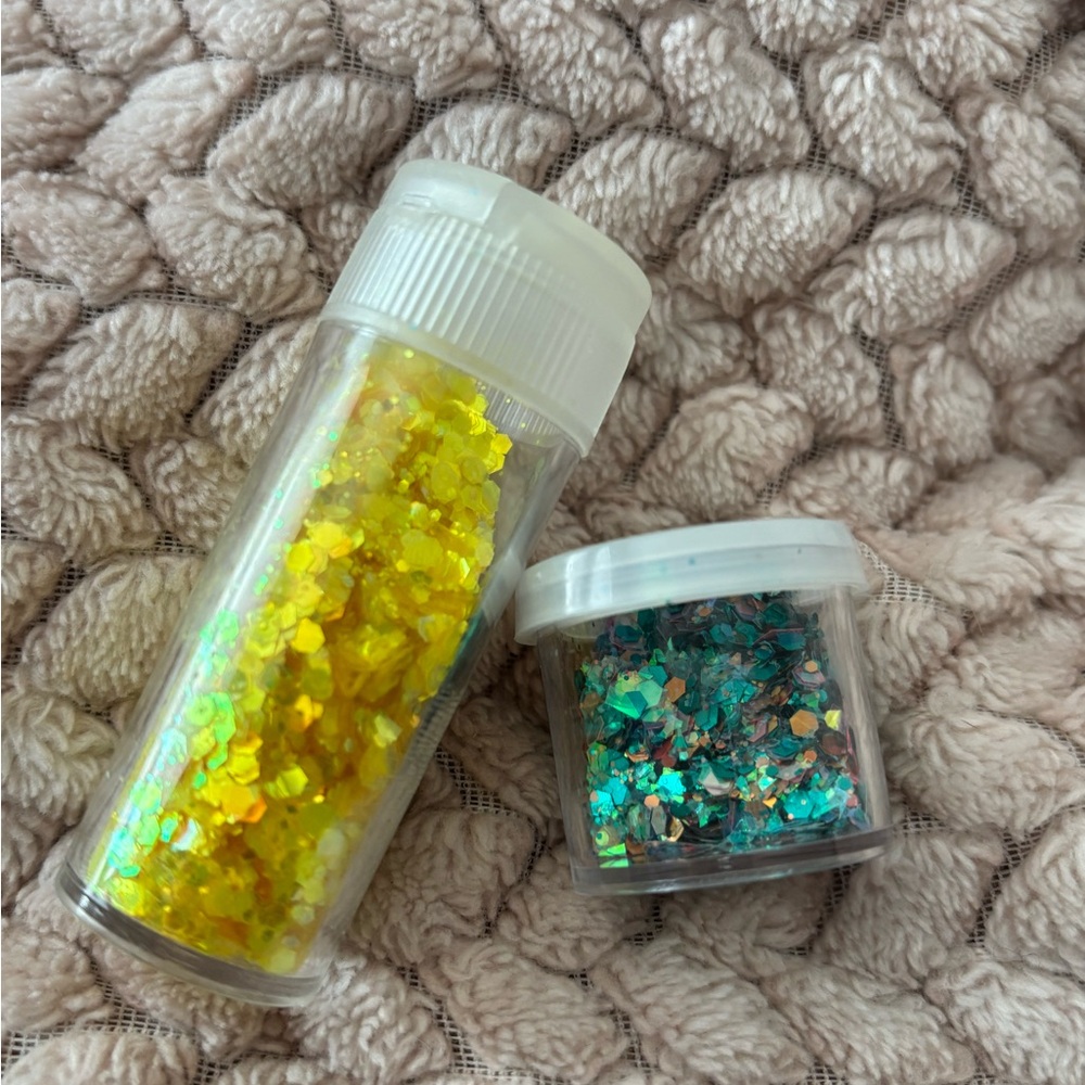 Iridescent Yellow and Teal Chunky Glitter Jars